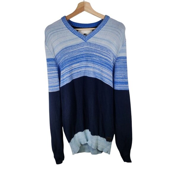 Moods Of Norway Mens V-Neck Blue Striped Sweater Size L 100% Cotton - Picture 1 of 6